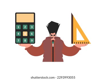 The person holds a ruler and a calculator in his hands, compelled on a white foundation. Trendy style, Vector Illustration