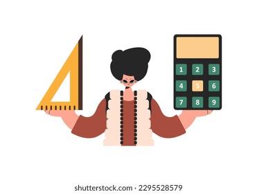 The person holds a ruler and a calculator in his hands, compelled on a white foundation. Trendy style, Vector Illustration