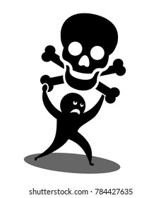 Person holds skull and bones as metaphor of mortal human, death, dying, and mortality. Black and white vector illustration