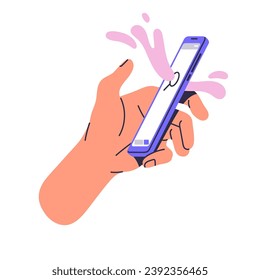 Person holds smartphone in hand, search info in browser app. User press magnifier icon on screen to research information on mobile phone. Modern technology. Flat isolated vector illustration on white