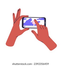 Person holds smartphone in hands, press on play button in online video player. People watching movie on internet streaming platform on phone. Flat isolated vector illustration on white background