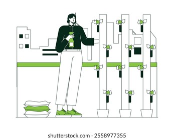 A person holds a spray bottle to water potted plants growing in PVC pipes, there are some bags of soil or fertilizer, to take good care of the plants, urban farming vector illustration.
