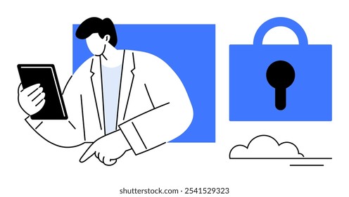 Una persona sostiene una tableta junto a un símbolo de candado Grande y un ícono de nube. Ideal para tecnología, seguridad de datos, almacenamiento en la nube, privacidad digital, protección en línea. Estilo moderno limpio