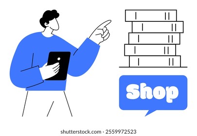 Person holds a tablet and points towards a stack of books with a speech bubble saying Shop. Ideal for e-commerce, bookshops, libraries, online stores, and digital marketing. Simple stylish minimalist