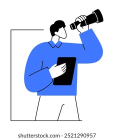 A person holds a telescope and a tablet, symbolizing exploration and future prospects. Ideal for business growth, technology, progress, goal setting, innovation, strategy, focus, planning, vision