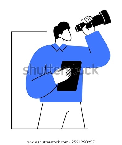 A person holds a telescope and a tablet, symbolizing exploration and future prospects. Ideal for business growth, technology, progress, goal setting, innovation, strategy, focus, planning, vision