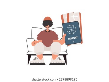 The person holds a visa and see at tickets in his hands. Kept on white foundation. Trendy style, Vector Illustration