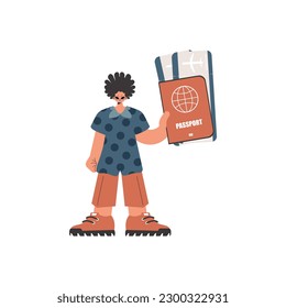 The person holds a visa and see at tickets in his hands. Kept on white foundation. Trendy style, Vector Illustration