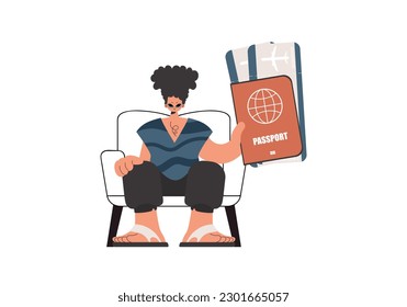The person holds a visa and see at tickets in his hands. Kept on white foundation. Trendy style, Vector Illustration
