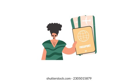 The person holds a visa and see at tickets in his hands. Kept on white foundation. Trendy style, Vector Illustration