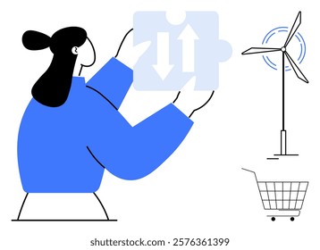 Person holds up a white and blue puzzle piece. Nearby are a wind turbine and a shopping cart. Themes Ideal for renewable energy, sustainability, shopping, problem-solving, and technology. Minimalist