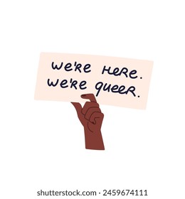 Person holds wooden board with phrase of LGBT solidarity in hand. Slogan on tablet for queer unity, community for demonstration, Pride Month parade. Flat isolated vector illustration on white