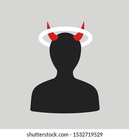 Person Is Holy Angel And Evil Devil And Demon. Man Has Horn And Gloriole Over The Head. Ambivalence Between Good And Bad. Vector Illustration.