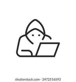 Person in a hood using a laptop, linear style icon. hacker or cybercrime. Editable stroke width.