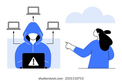 Person in Kapuzenjacke mit Laptop und Warnschild, das mit mehreren Laptops verbunden ist. Frau zeigt auf Wolke. Ideal für Cybersicherheit, Hacking, digitale Bedrohungen, Internet-Sicherheit, Online