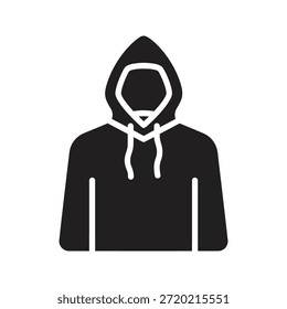 Person in hoodie icon symbol solid glyph vector for anonymous user profile and mystery man character avatar wearing hood clothing