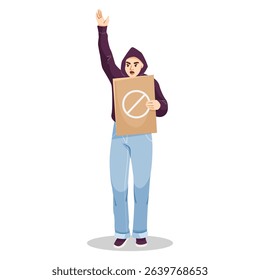 Person in hoodie raising hand while holding protest sign with prohibition symbol, flat graphic style, isolated on white background. Concept of protest. Vector illustration