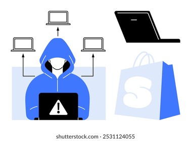 A person in a hoodie using a laptop with a warning symbol surrounded by connected laptops, another laptop, and a shopping bag. Ideal for cybercrime, online security, data protection, e-commerce