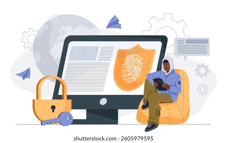 A person in a hoodie using a tablet next to a large monitor displaying a fingerprint shield, padlock, and key icon on a white background. Concept of cyber data protection. Vector illustration