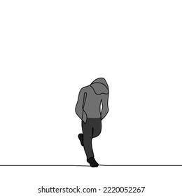 person in hoodie walking with head down top view - one line drawing vector. concept a small inconspicuous person, a metaphor for an anonymous or elusive criminal