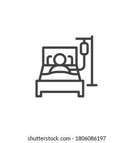 Person In Hospital Bed Line Icon. Linear Style Sign For Mobile Concept And Web Design. Man Having Infusion Outline Vector Icon. Symbol, Logo Illustration. Vector Graphics