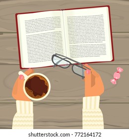 Person with hot coffee, book and glasses on wooden table. Top view vector illustration eps 10