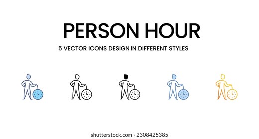 Person Hour Icon Design in Five style with Editable Stroke. Line, Solid, Flat Line, Duo Tone Color, and Color Gradient Line. Suitable for Web Page, Mobile App, UI, UX and GUI design.