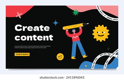 A person with a huge pencil, a symbol of a content creator, artist, designer, blogger. A vivid trendy landing page template.