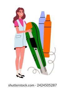 Person with huge stationery. Woman with markers and stationery knife. Organizing workflow in office. Template and layout. Cartoon flat vector illustration isolated on white background