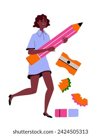 Person with huge stationery. Woman with pencil and sharpeners. Organizing workflow in office. Graphic element for website. Cartoon flat vector illustration isolated on white background