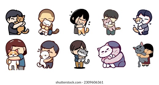 The person is hugging the cat vector set collection graphic clipart design