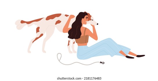 Person hugging cute dog. Hugs of happy woman, pet owner and doggy. Girl and animal companion, best friend. Love, friendship with canine concept. Flat vector illustration isolated on white background