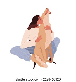 Person Hugging Dog With Love. Pet Owner And Canine Animal. Happy Woman And Affectionate Doggy Friend, Companion. Affection And Tenderness. Flat Vector Illustration Isolated On White Background