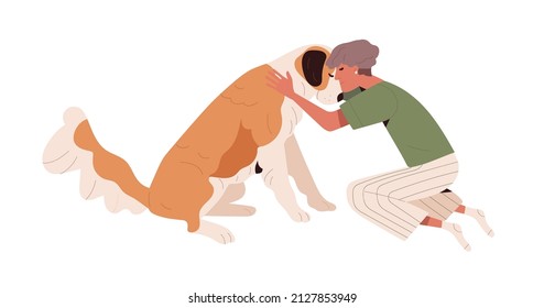 Persona abrazando perro. El dueño de una mascota y los mejores amigos del perro sienten sensibilidad. Mujer y compañía animal canina con amor conmovedor, amistad. Ilustración vectorial plana aislada en fondo blanco