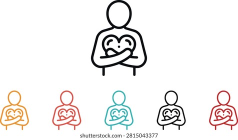 Person Hugging Heart Line Icon Set for Self Love Mental Health and Empathy Vector