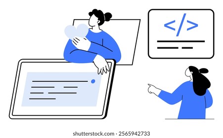 Person hugs abstract hearts and another points at a code symbol. Ideal for web design, programming, social media, digital communication, technology education. Simple, modern, minimalistic style