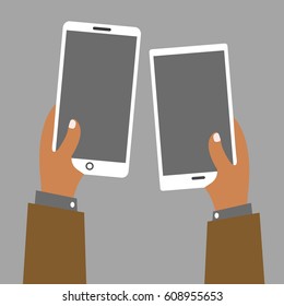 a person or human hands isolated holding two mobile phone vector on flat design. one male, man or person with suit & a cool technology or gadget illustration. Addicted humanity to smart phone or touch