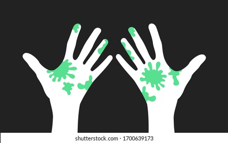 Person and human has green dirt on palm and hand. Limb is contaminated, dirty and toxic. Vector illustration isolated on black.