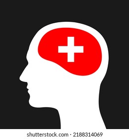 Person, human, man and Mental health - head profile and brain with cross as symbol of medicine, medical science and mind. Psychiatry and psychology. Vector illustration isolated black.