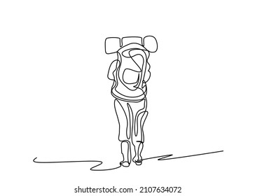 person, human walking in nature with camping gear and bag, seeking adventure and calmness drawing concept style