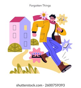 A person hurries down a path, leaving behind reminders of forgotten items at home. The illustration captures a sense of urgency and the everyday challenges faced by those with ADHD, conveying
