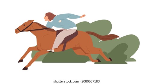 Person hurrying and rushing to aim. Fast life with ambitions and aspirations concept. Ambitious woman riding on horseback. Female horse rider. Flat vector illustration isolated on white background