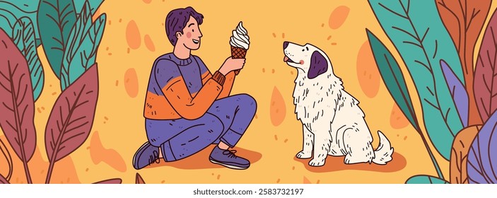 Person with ice cream and dog friendship scene. A person kneels holding an ice cream cone facing a fluffy dog. Colorful leaves frame the warm-toned background