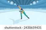 Person ice skating at closed rink arena. Winter olympic sport, sportsman ride using skate. Competition and performance concept. Healthy lifestyle. Vector illustration