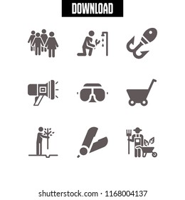 person icon. 9 person vector set. googles, hair salon, fishing and megaphone icons for web and design about person theme