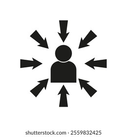 Person icon arrows. Centered individual graphic. Directional vector symbol. Focused black silhouette.