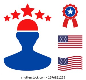 Person icon in blue and red colors with stars. Person illustration style uses American official colors of Democratic and Republican political parties, and star shapes. Simple person vector sign,