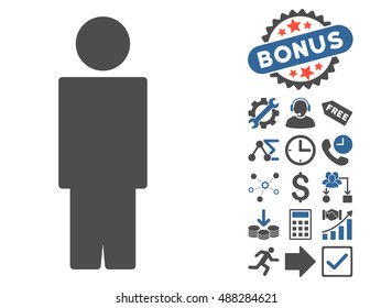 Person icon with bonus symbols. Vector illustration style is flat iconic bicolor symbols, cobalt and gray colors, white background.