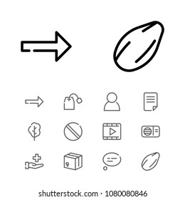 Person icon with box, almond and healthcare symbols. Set of nature, communication, file icons and ban concept. Editable vector elements for logo app UI design.