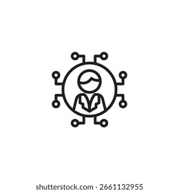 A person icon is at the center of a circular network with connecting nodes, representing social networking, online connections, or a central figure in a communication system.